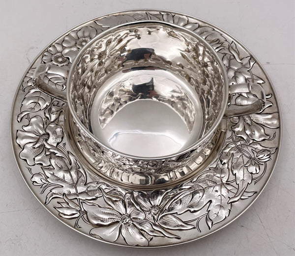 Gorham 1900 Sterling Silver Mug and Underplate in Art Nouveau Martele Style