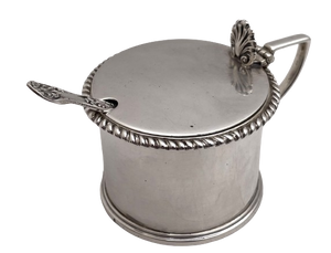 English Sterling Silver 1890 Victorian Mustard Pot with Glass Liner and Spoon