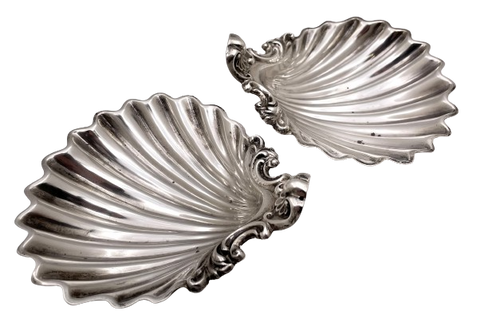 Wilkinson Pair of English Sterling Silver 1872 Victorian Shell Dishes on Snail Legs