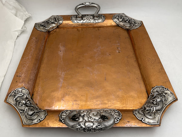 Japanese Mixed Metal Silver on Copper Tray with Dragon Motifs