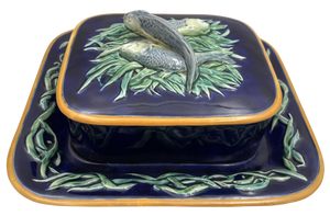 Minton Pottery Majolica Sardine Box with Fish Motifs from 19th Century Victorian Era