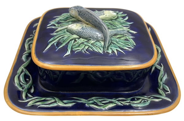 Minton Pottery Majolica Sardine Box with Fish Motifs from 19th Century Victorian Era