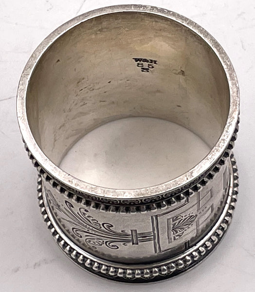 Wood & Hughes Sterling Silver Napkin Ring Holder with Beaded Motifs from 19th Century