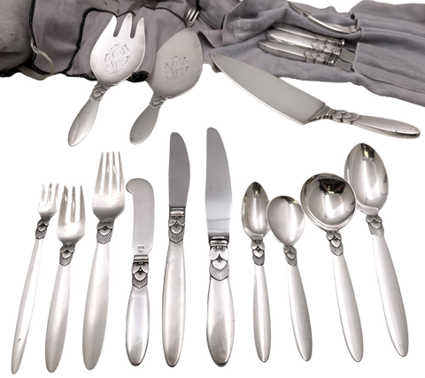 Georg Jensen Sterling Silver 48-Piece Flatware Set in Cactus Pattern with Servers