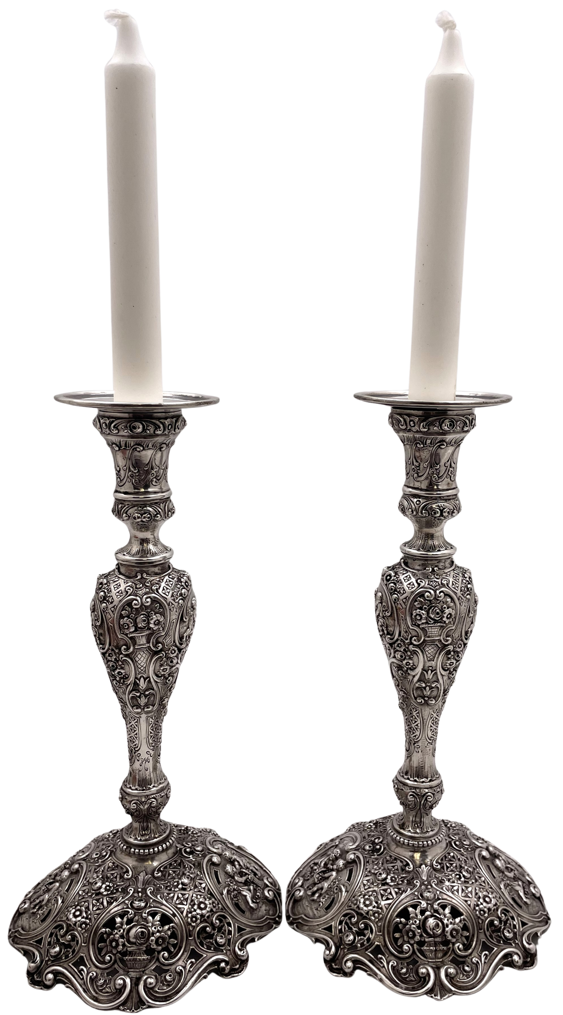 Pair of German Continental Silver Shabbat Candlesticks from 19th Century with Ornate Motifs