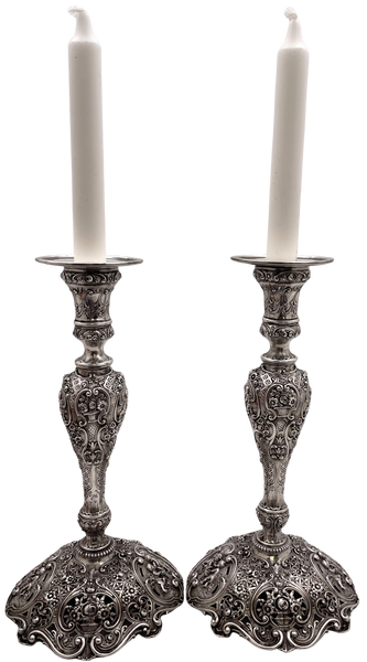 Pair of German Continental Silver Shabbat Candlesticks from 19th Century with Ornate Motifs