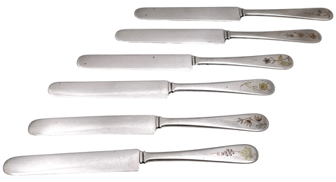 Dominick & Haff Set of 6 Mixed Metal (Sterling Silver with Gold Inlay) Knives from Late 19th Century