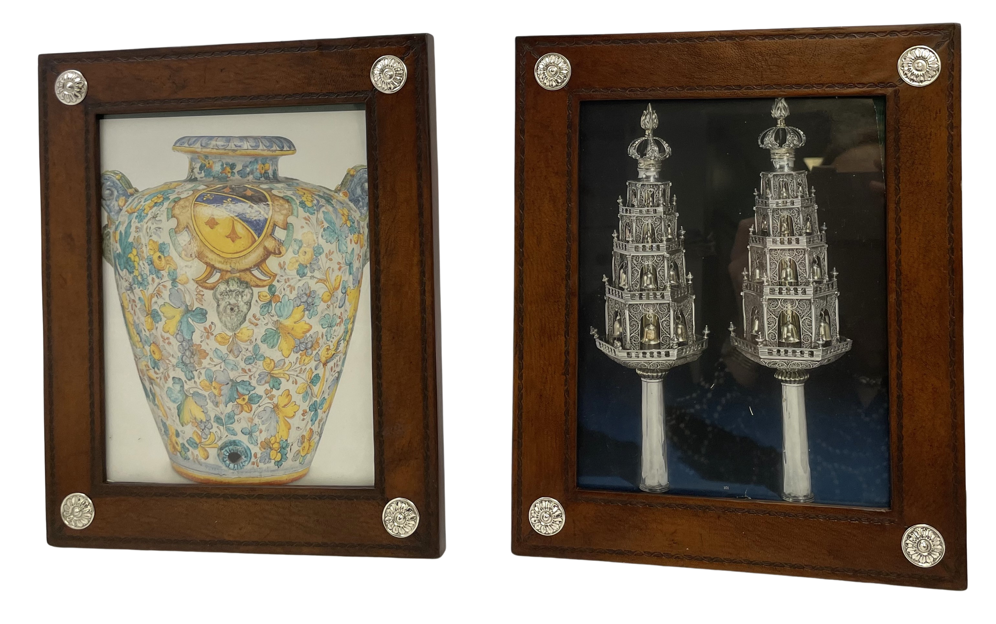 Pair of William Scott Leather & Sterling Silver Picture Frames with Floral Motifs