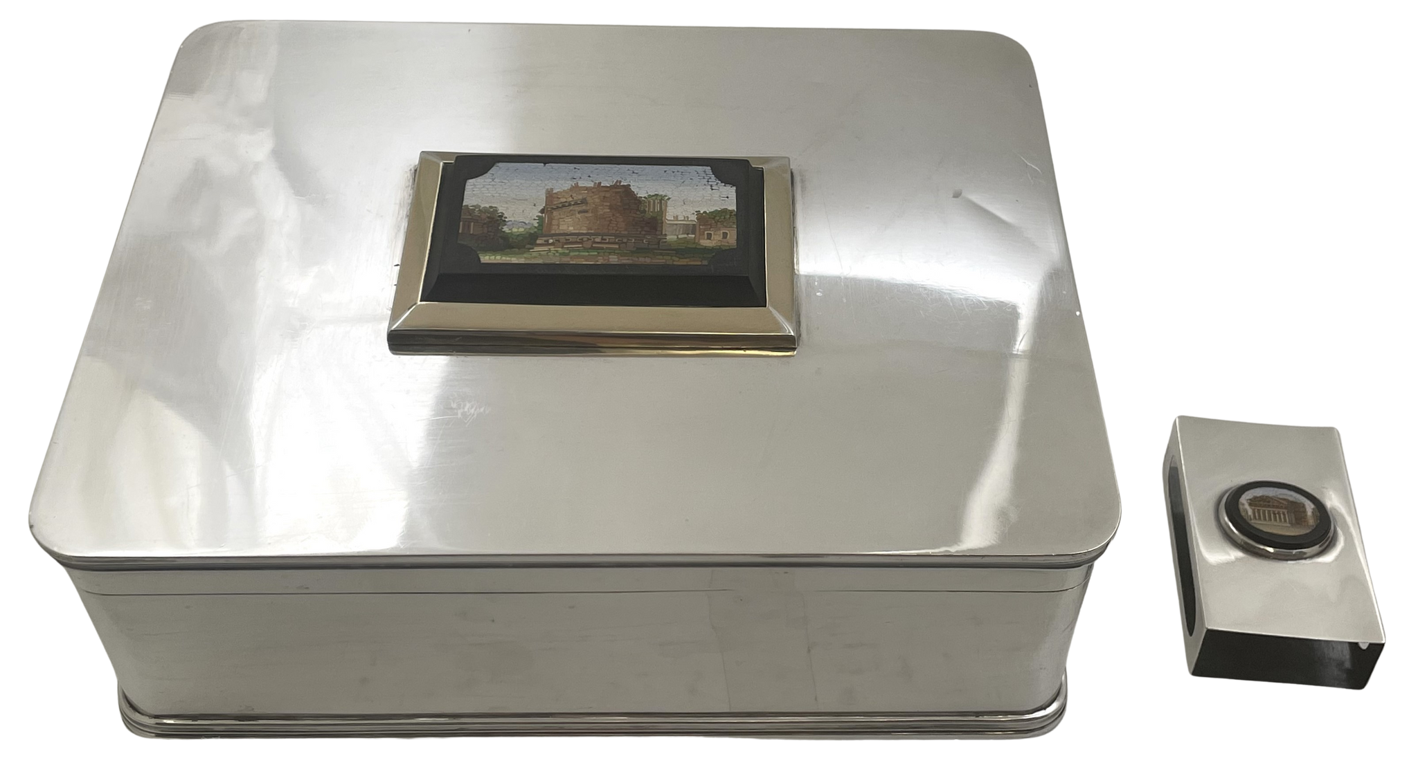 Micromosaic & Sterling Silver Italian Humidor Cigar Box & Matchbox Holder