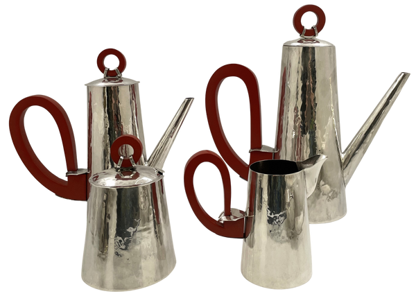 German Hammered Silver 4-Piece Tea & Coffee Set in Bauhaus Style from Early 20th Century