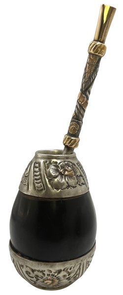 Argentinian Silver and 18K Gold Inlaid Mate Cup with Straw