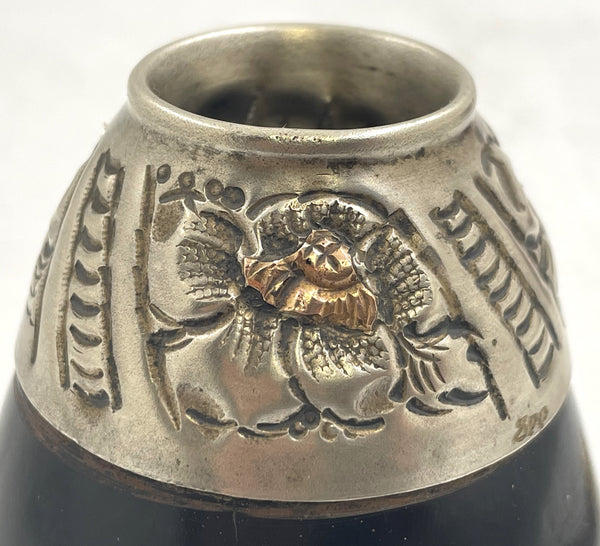 Argentinian Silver and 18K Gold Inlaid Mate Cup with Straw