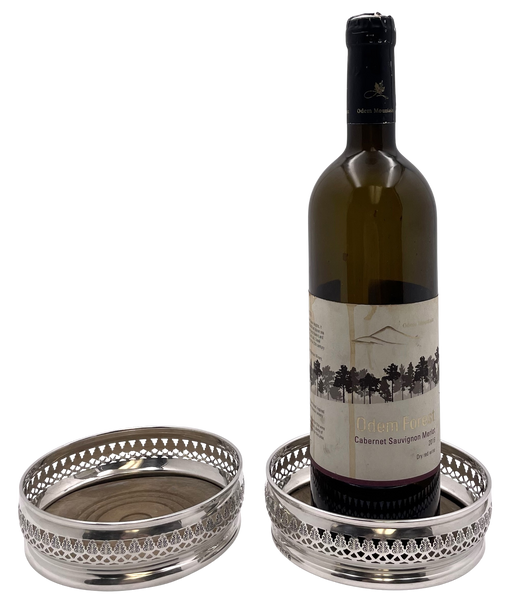 Pair of English Sterling Silver & Wood Coasters