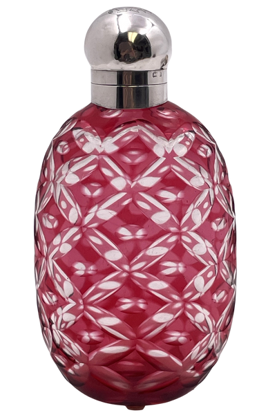 English Sterling Silver & Cranberry Cut Glass 1902 Flask