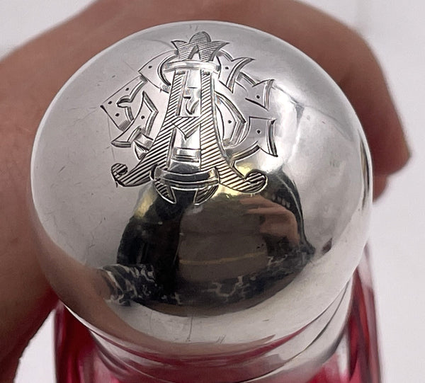 English Sterling Silver & Cranberry Cut Glass 1902 Flask
