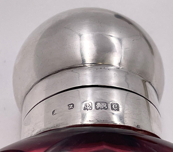 English Sterling Silver & Cranberry Cut Glass 1902 Flask