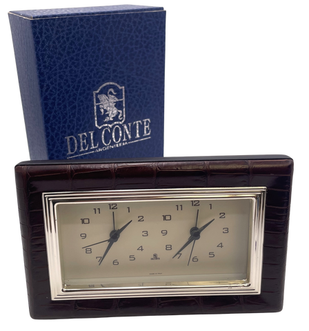 Del Conte Alligator Leather and Sterling Silver Double Clock New in Box