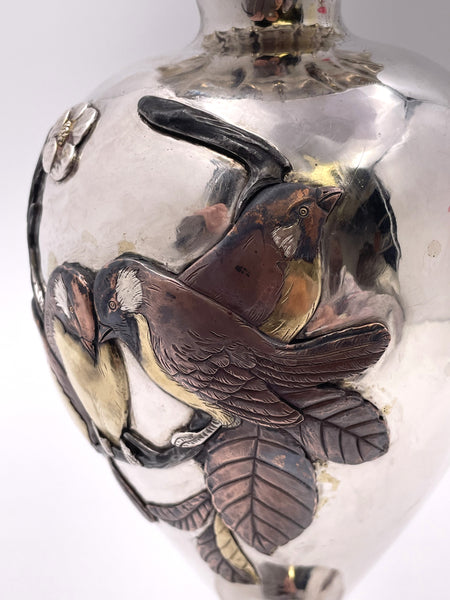 Sanju Saku Pair of Japanese Mixed Metal Sterling Silver Vases with Applied Motifs