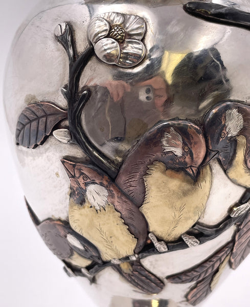 Sanju Saku Pair of Japanese Mixed Metal Sterling Silver Vases with Applied Motifs