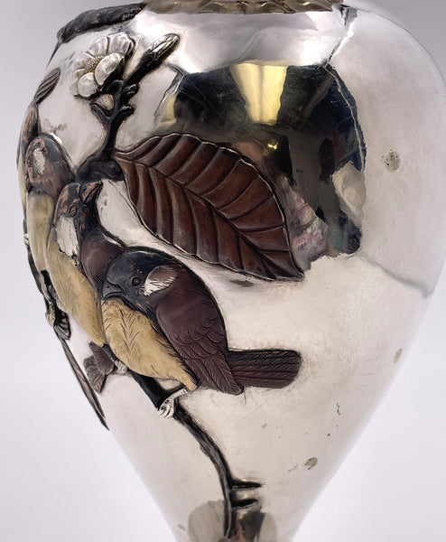 Sanju Saku Pair of Japanese Mixed Metal Sterling Silver Vases with Applied Motifs