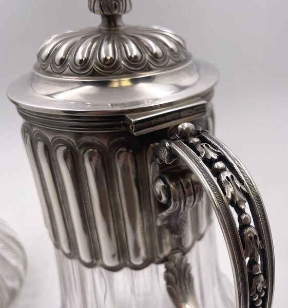 Pair of French Sterling Silver and Cut Glass Carafes/ Pitchers from Late 19th Century