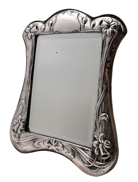 English Sterling Silver Dresser Mirror in Art Nouveau Style with Felt Back