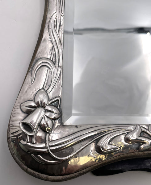 English Sterling Silver Dresser Mirror in Art Nouveau Style with Felt Back