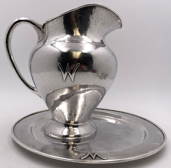 F. Novick Chicago Arts & Crafts Sterling Silver Hammered Pitcher on Tray