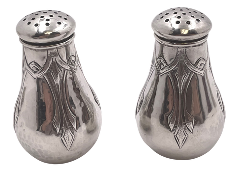 Lebolt Pair of Sterling Silver Hammered Salt & Pepper Shakers in Arts & Crafts Style