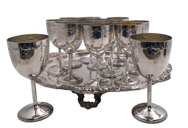 Set of 12 International Sterling Silver Goblets on Matching Tray