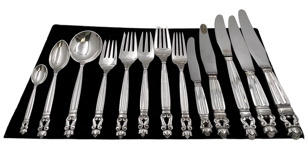 Georg Jensen 52-Piece Sterling Silver Flatware Set in Acorn Pattern