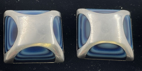 Pair of Mexican Sterling Silver & Blue Enamel Earrings in Art Deco Style