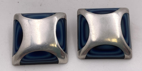 Pair of Mexican Sterling Silver & Blue Enamel Earrings in Art Deco Style