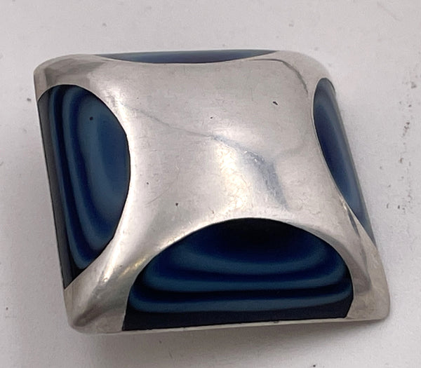 Pair of Mexican Sterling Silver & Blue Enamel Earrings in Art Deco Style