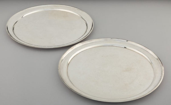 Pair of Georg Jensen sterling silver round platter trays in pattern #223