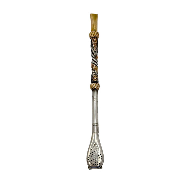 Argentinian Silver and 18K Gold Inlaid Mate Cup with Straw