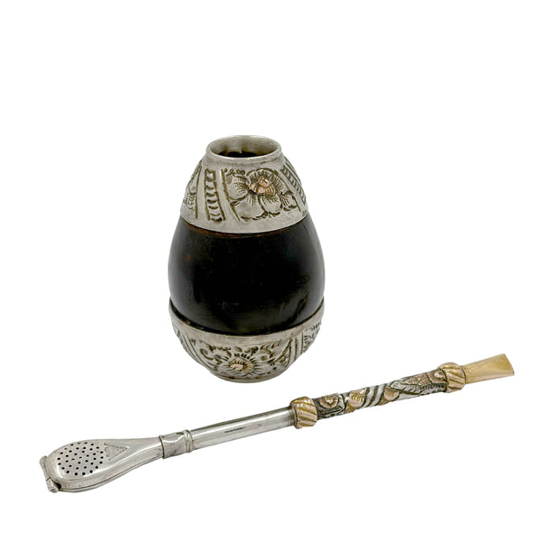 Argentinian Silver and 18K Gold Inlaid Mate Cup with Straw