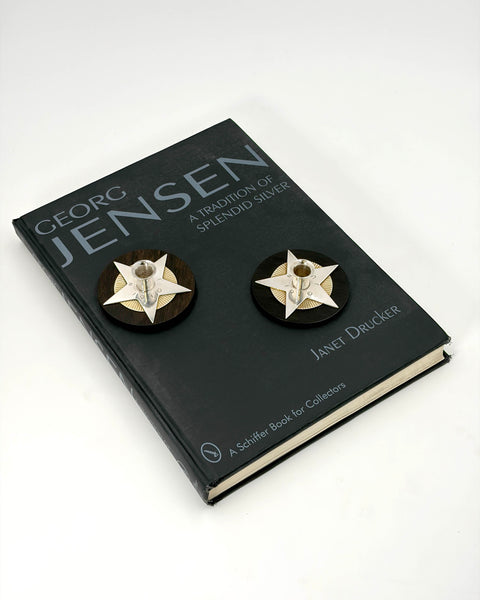 Pair of Georg Jensen 1940 Sterling Silver and Wood Candlesticks by Arno Malinowski