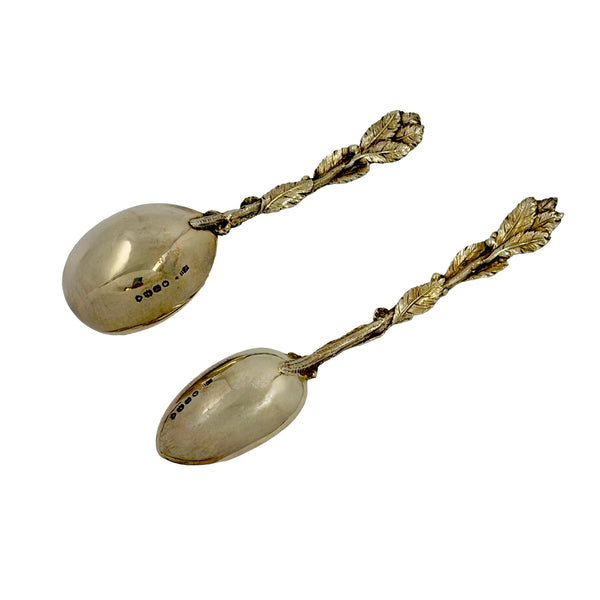 Francis Higgins English 1865 Gilt Sterling Silver Spoons and Tongs with Leaves
