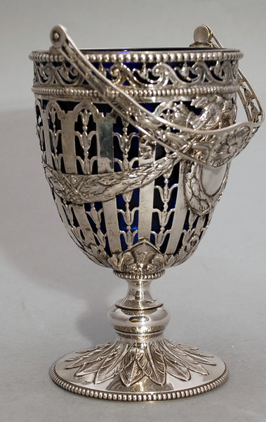Antique German Silver Empire Design Basket with Cobalt Liner