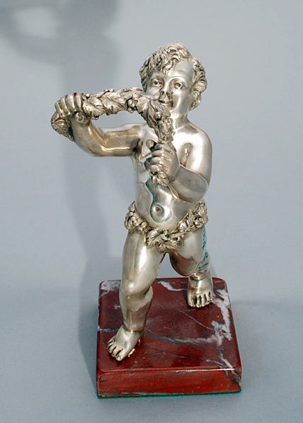 Continental Silver Sculpture of Cherub with Garland of Flowers on Marble Base