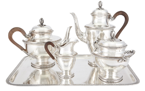 4-Piece Sterling Silver French Tea Set with Tray in Art Nouveau Style