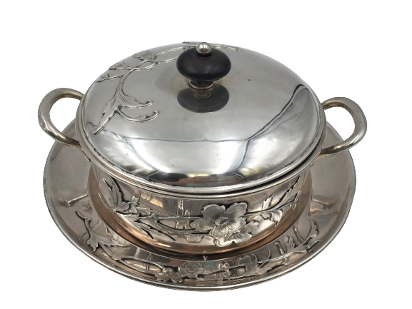 German Silver Butter Dish and Covered Bowl Tureen in Art Nouveau Style