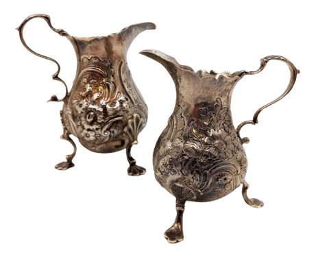 Pair of English Silver Georgian Cream Pitchers on Shell Legs with Floral Pattern