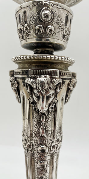 Pair of Continental Chased Silver Candlesticks from 19th Century with Rams' Heads
