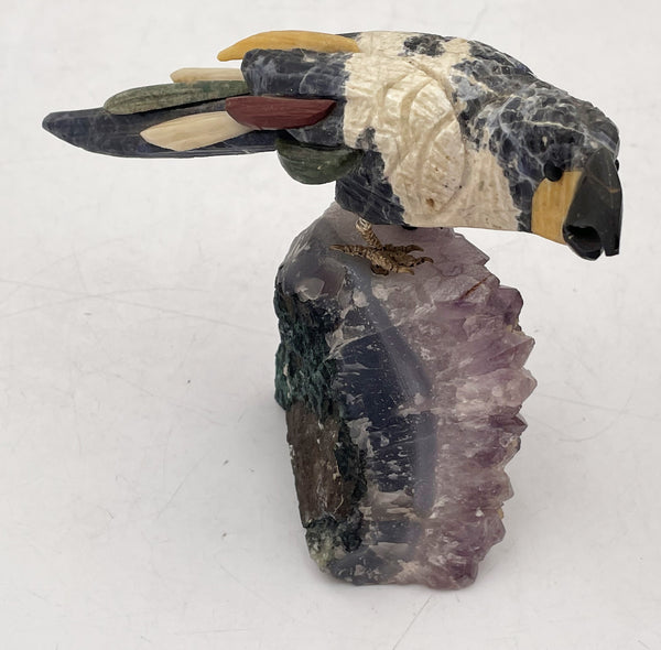 Multicolored Bird Carved Stone Sculpture on Amethyst