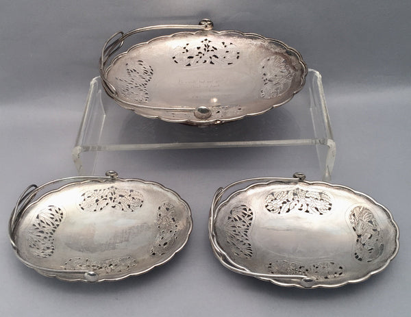 Set of 3 Chinese Silver Centerpiece Bowls With Floral Piercing by Nanking