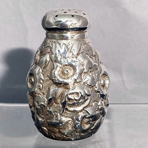 Shiebler Sterling Silver Repoussé Set of 3 Salt, Pepper, and Sugar Shakers from the late 19th Century